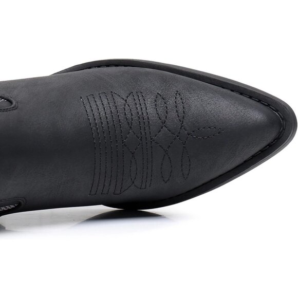 Women's Black Knee High Long Pointed Toe Classic Western Cowboy Boots With Zip - Picture 3 of 7